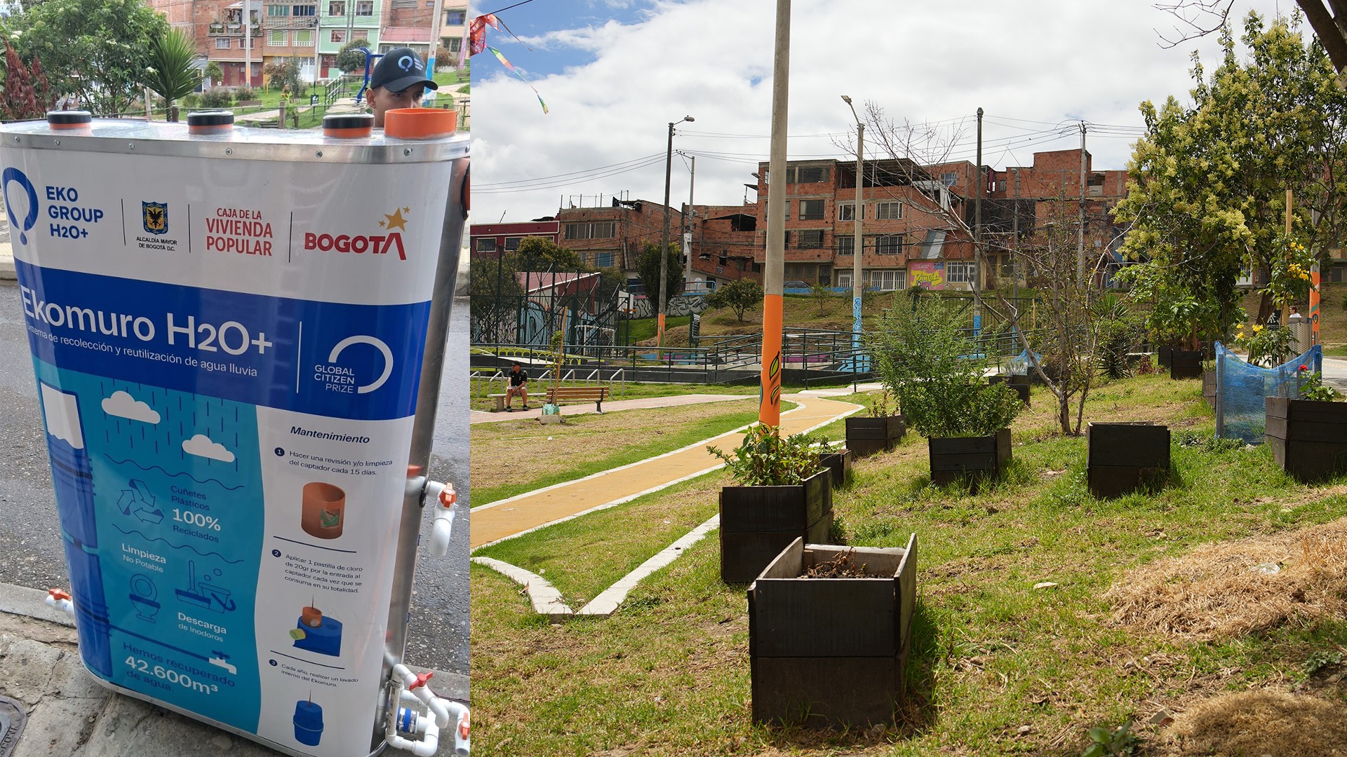 El dispositivo instalado en la vivienda comunitaria de María Cano es un sistema de 250 litros, similar a los modelos de la línea Ekomuro H2O+, diseñados para captar, almacenar y reutilizar agua lluvia. Estos equipos - modulares, fabricados con materiales reciclados y compatibles con sistemas de filtración - están pensados para adaptarse a distintos espacios urbanos, desde patios pequeños hasta terrazas amplias.
